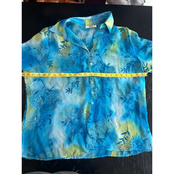 TOTO- XL- see measurements- blue green coastal fairycore- semi sheer button up - Picture 4 of 5
